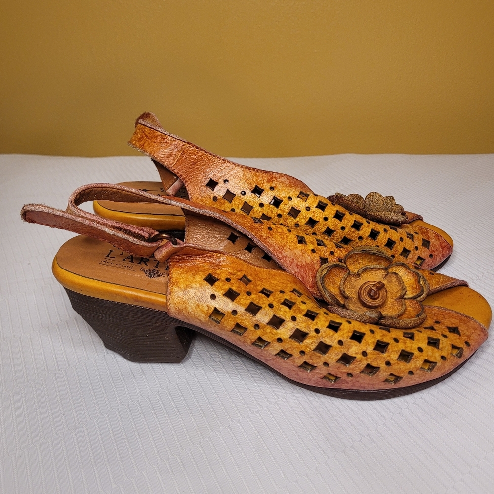 Spring Step L'Artiste Lovella Orange Brown Slingback Sandals Sz 38EU